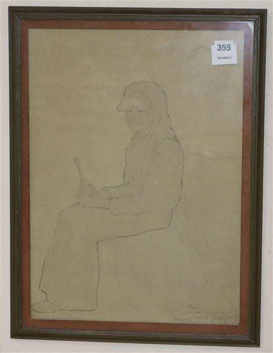 Gerald de Gaury, pencil drawing, seated figure holding a rosewater sprinkler, inscribed and dated 38, 19 x 13.5in.